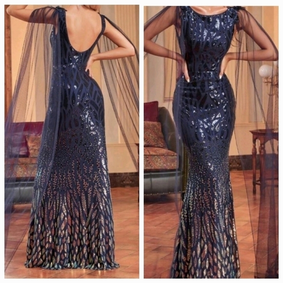 NavyBlue, Boat Neck, Long Cloak,  Sequined/ Mesh Merm… - Picture 1 of 16